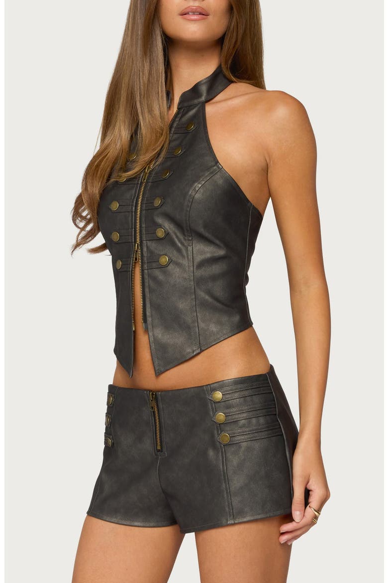 Harle Napoleon Faux Leather Halter Top, Alternate, color, BLACK