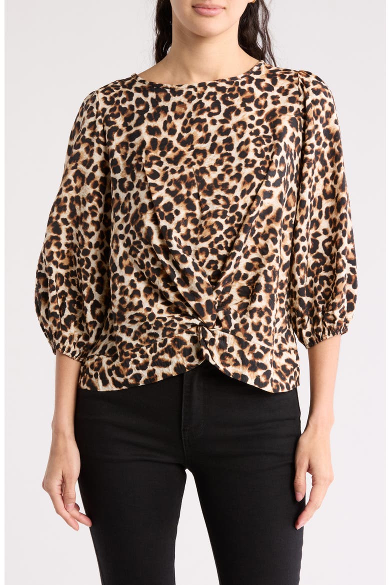 Leopard Front Twist Three-Quarter Sleeve Top, Main, color, CHOCOLATE