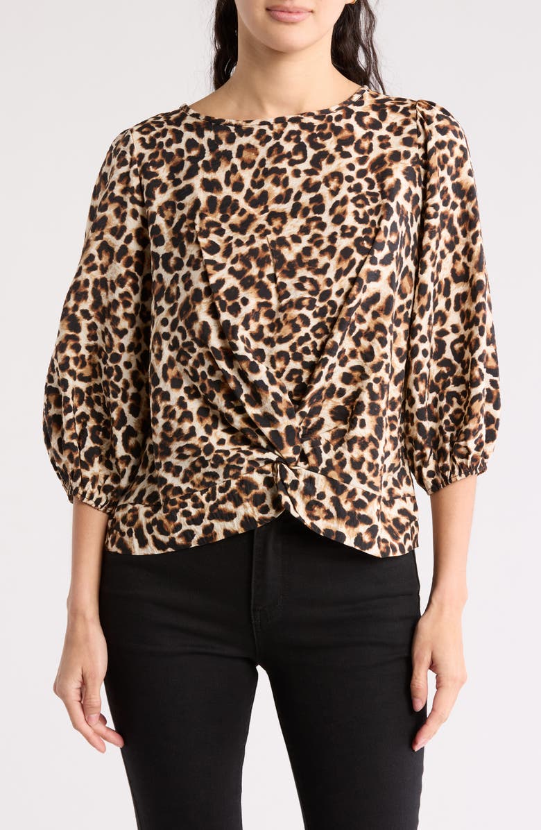 Renee C Leopard Front Twist Three-Quarter Sleeve Top, Main, color, Chocolate