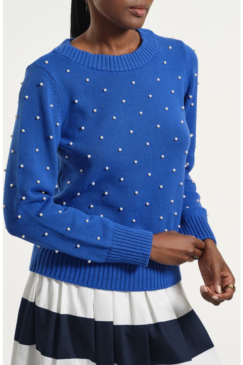 Faux Pearl Accent Cotton Crewneck Sweater, Alternate, color, ROYAL