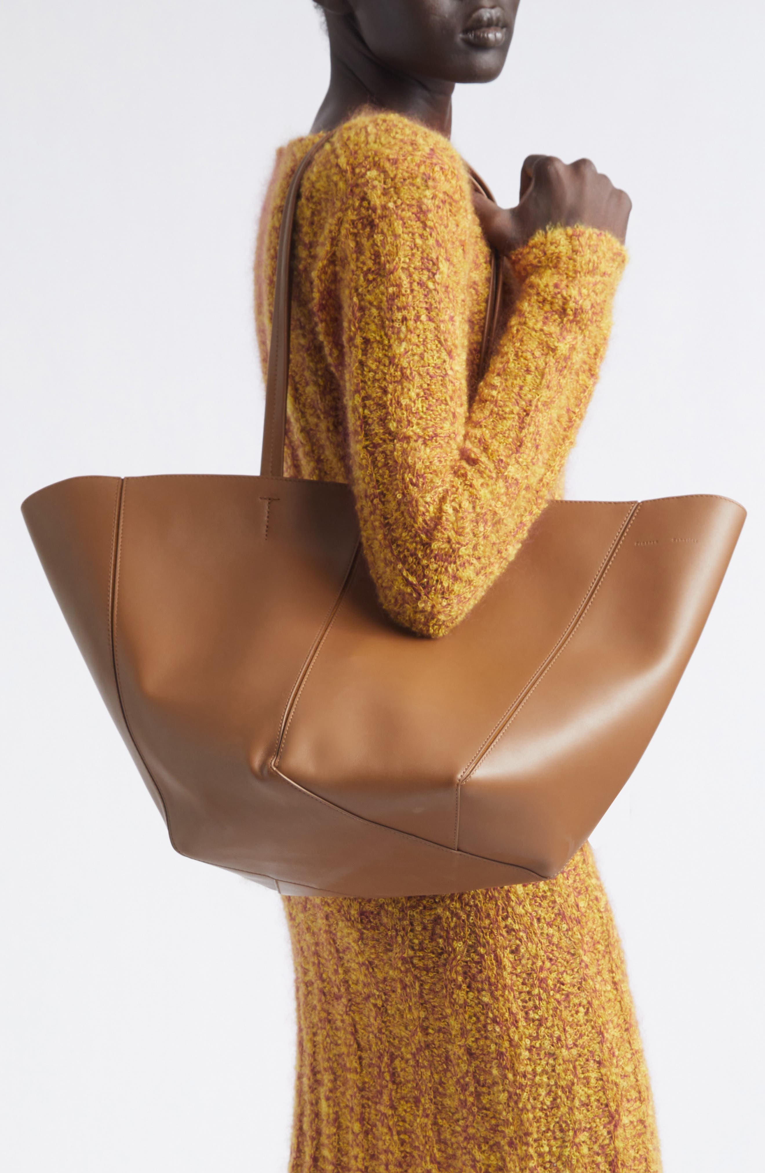 Hex Calfskin Leather Tote, Alternate, color, WALNUT