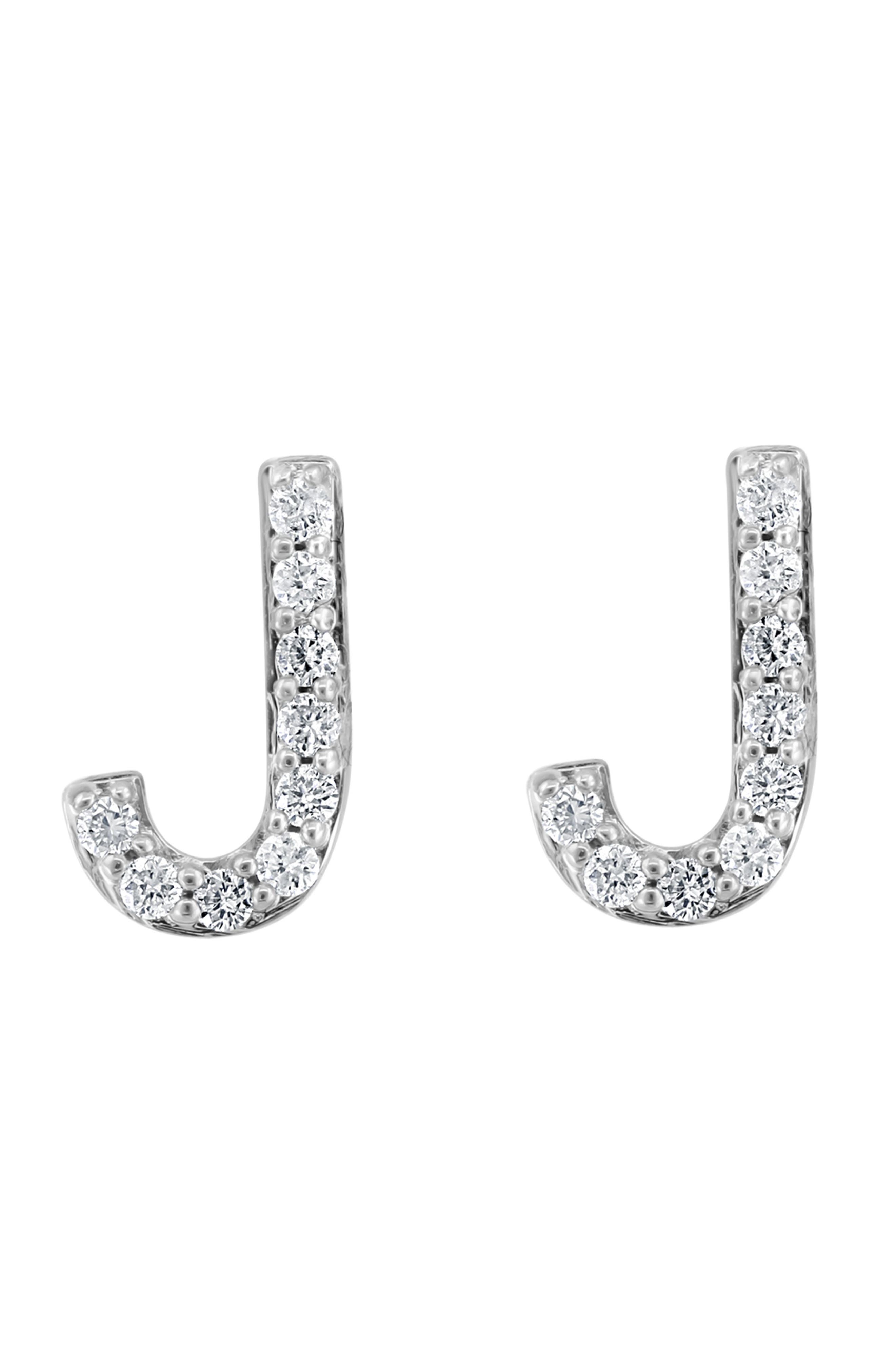 Sterling Silver Diamond 'J' Initial Stud Earrings
