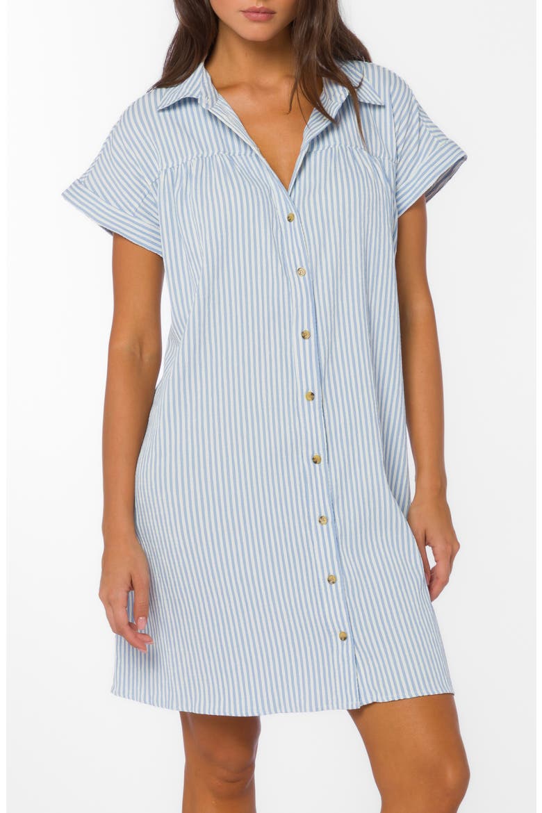 Stripe Short Sleeve Seersucker Mini Shirtdress, Alternate, color, MUTED PERI STRIPE