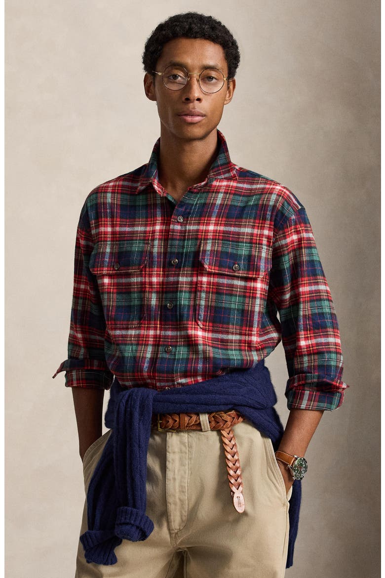Plaid Shaggy Flannel Button Up Shirt, Alternate, color, NAVY/ RED