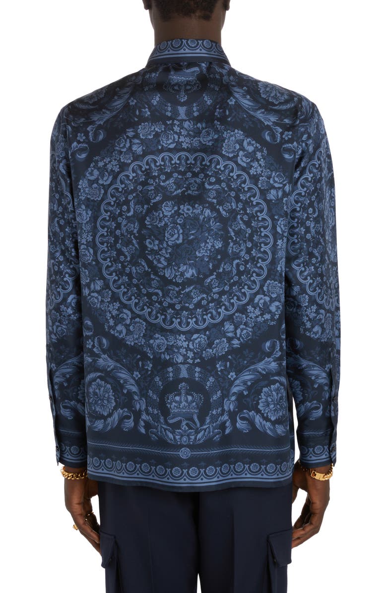 Versace Barocco Print Silk Button-Up Shirt, Alternate, color, Navy Blue