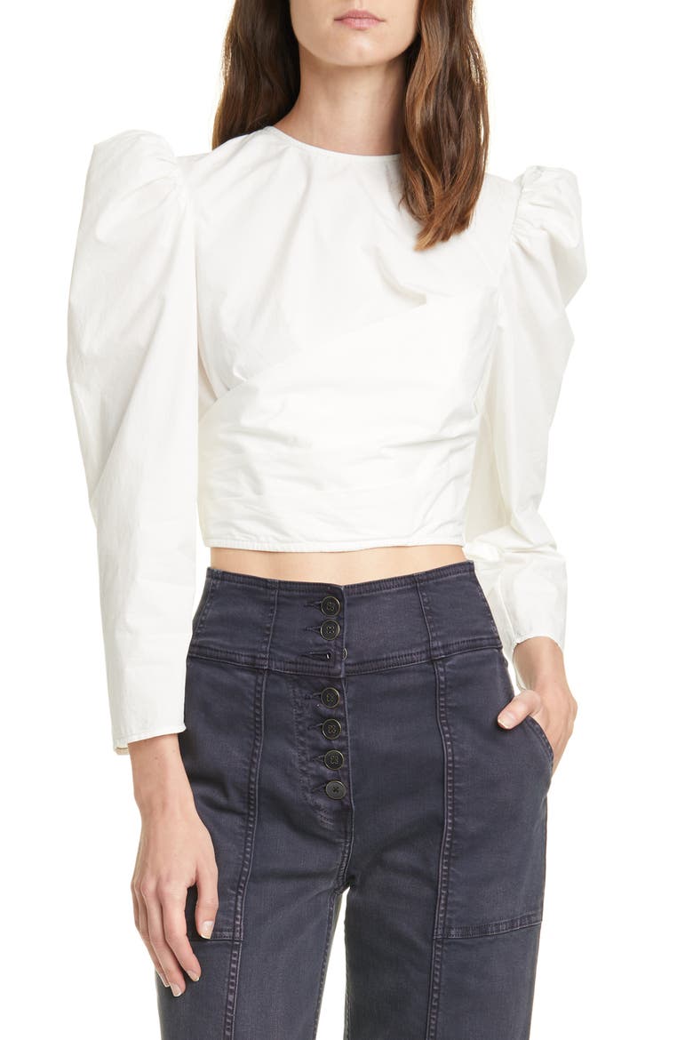Eden Puff Sleeve Crop Cotton Blouse, Main, color, BLANC