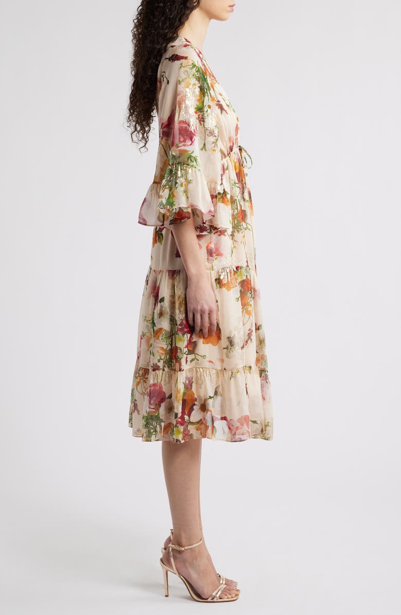 KOBI HALPERIN Limone Metallic Floral Tiered Silk Blend Midi Dress, Alternate, color, 