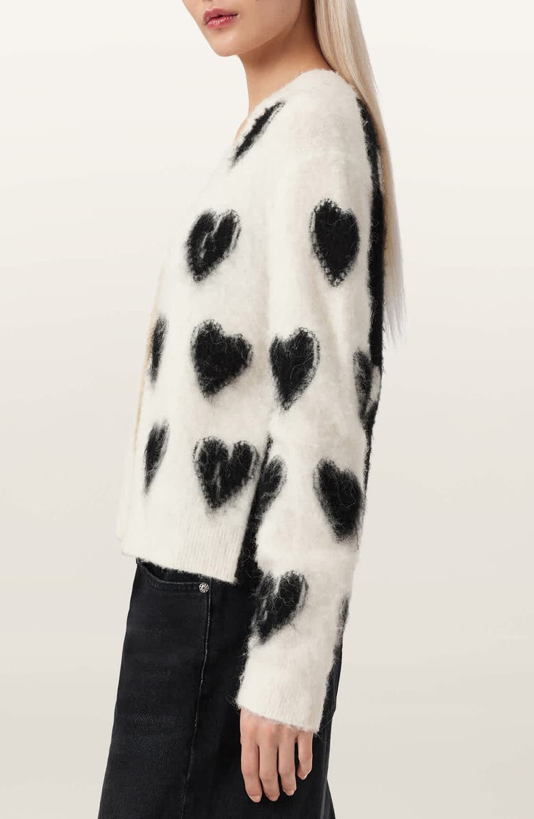 AllSaints Scatter Heart Alpaca & Merino Wool Blend Cardigan, Alternate, color, Chalk White/ Black