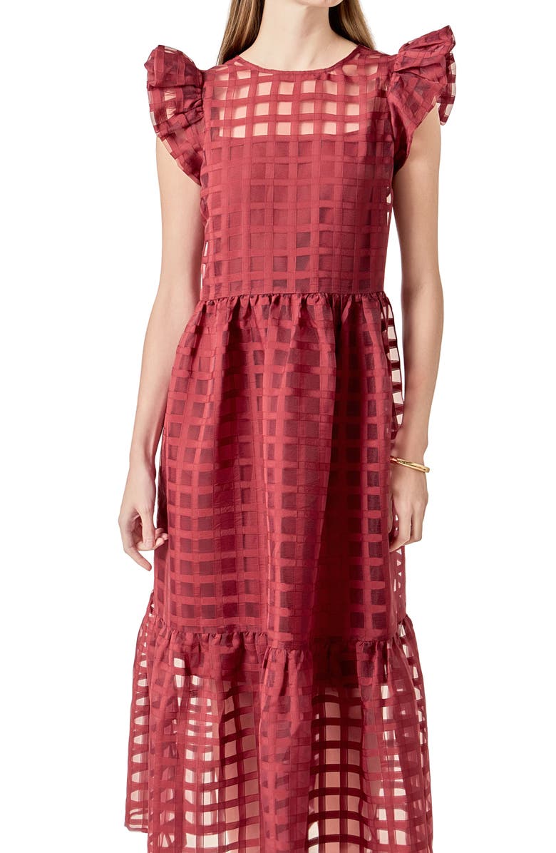 English Factory Check Organza Dress, Alternate, color, Maroon