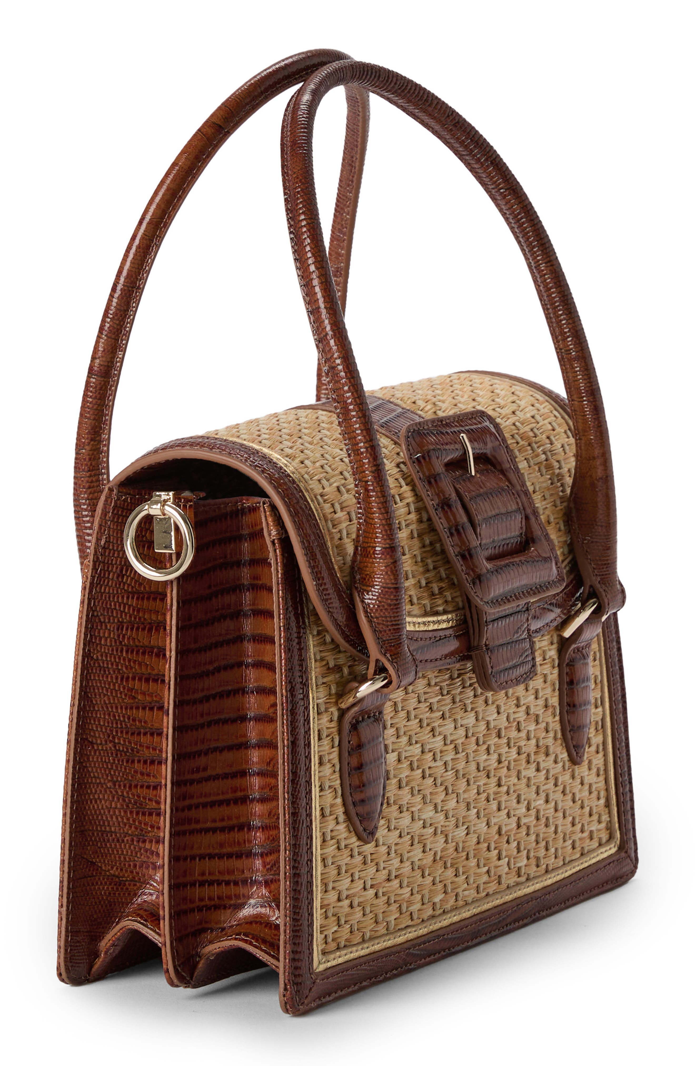 Brahmin Small Hallie Woven Straw & Lizard Embossed Leather Satchel, Alternate, color, 