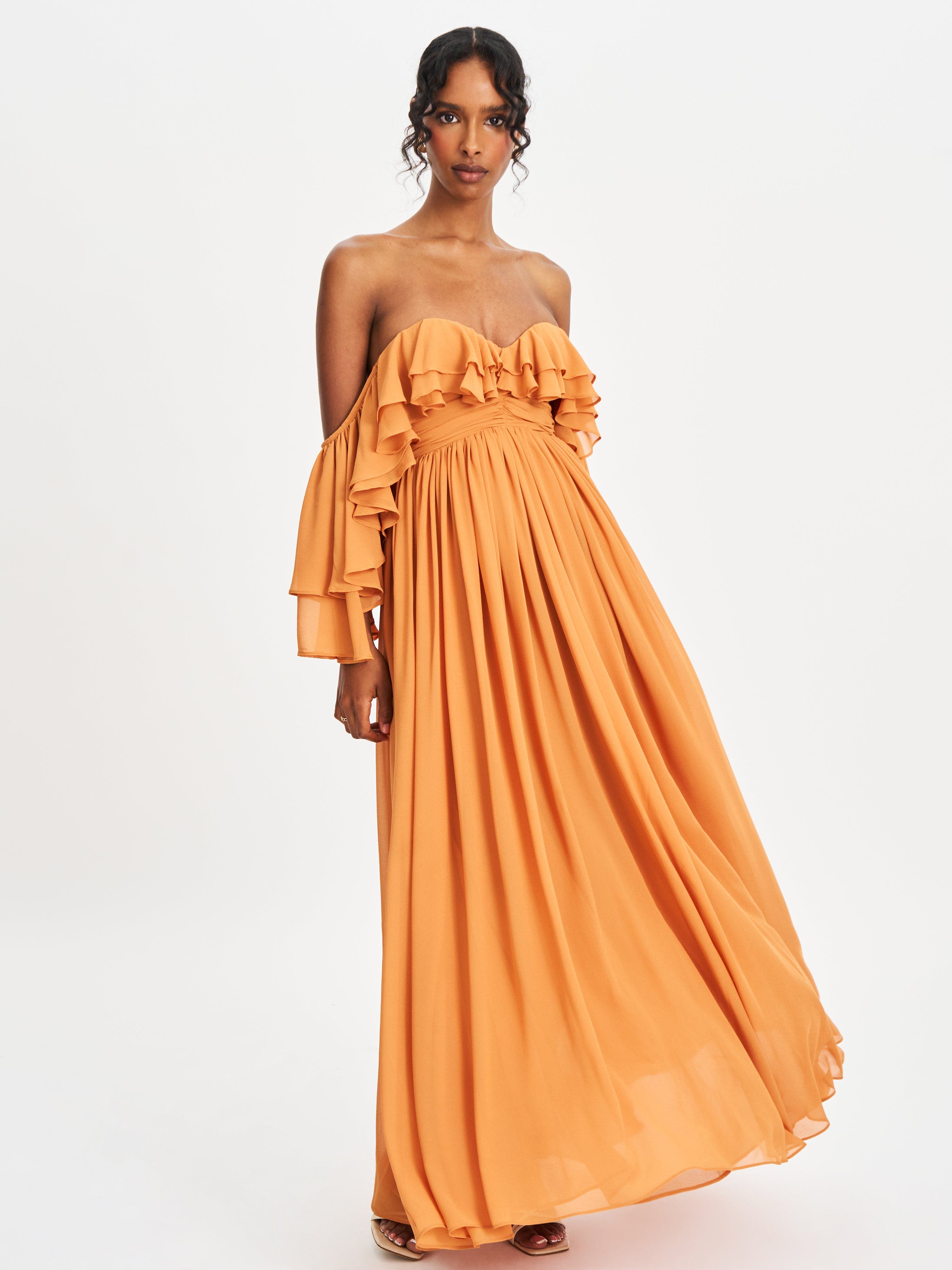 orange off the shoulder maxi dress Charming Off shoulder neckline ASOS DESIGN Curve exclusive satin