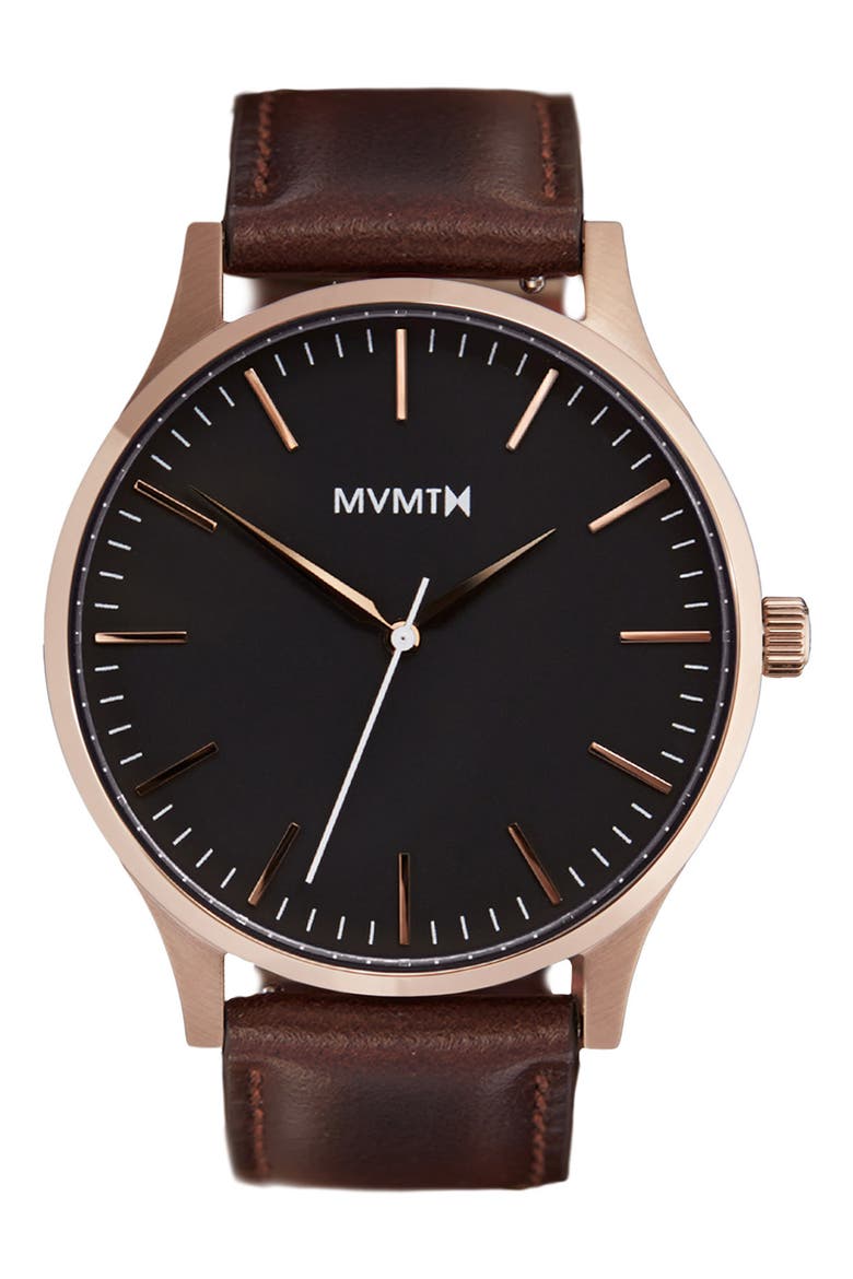 MVMT Leather Strap Watch, 40mm, Main, color, BROWN/ ROSE GOLD