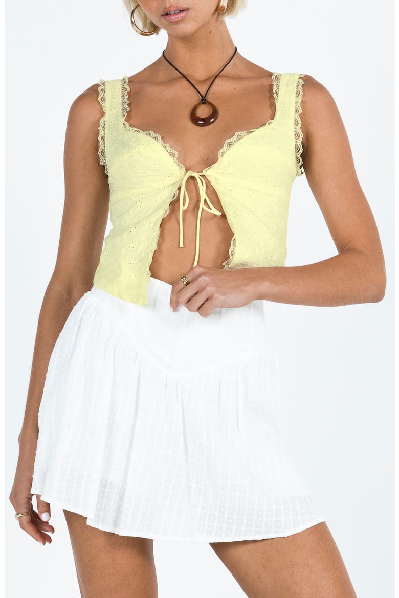 Merrelle Lace Trim Tie Front Tank, Main, color, LEMON