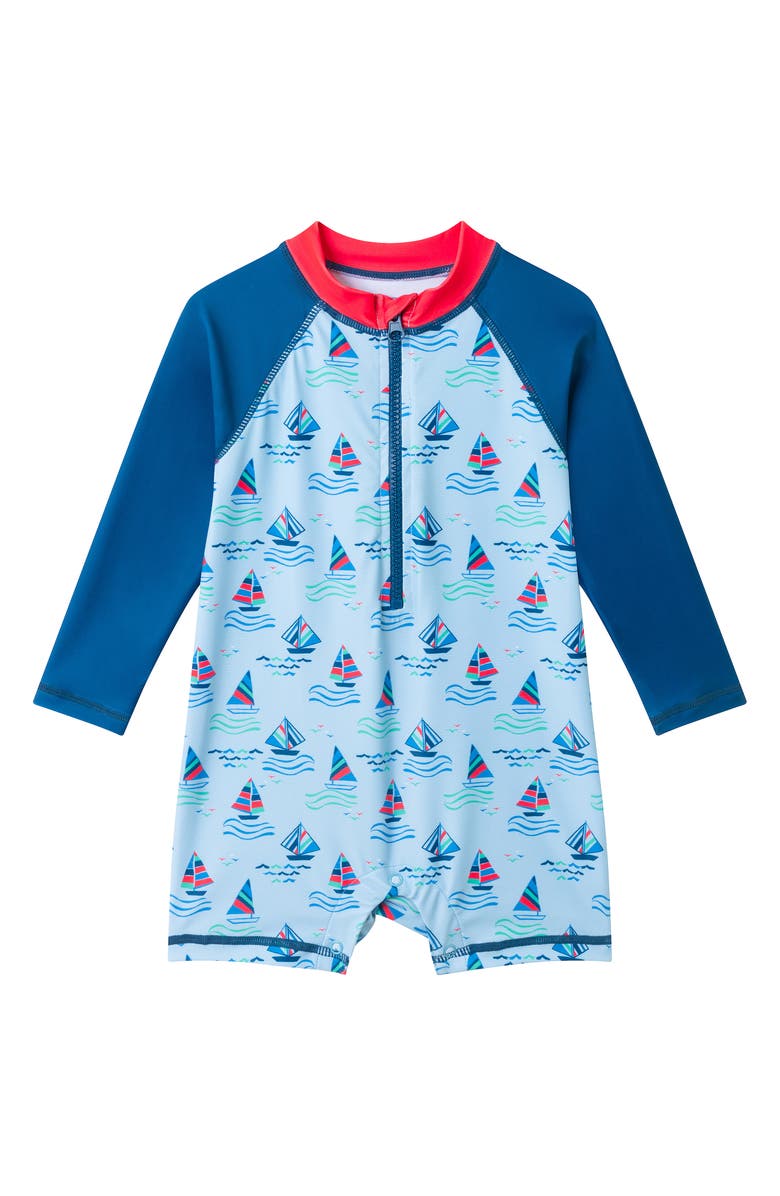 Andy & Evan Long Sleeve One-Piece Swimsuit & Sun Hat, Alternate, color, Navy