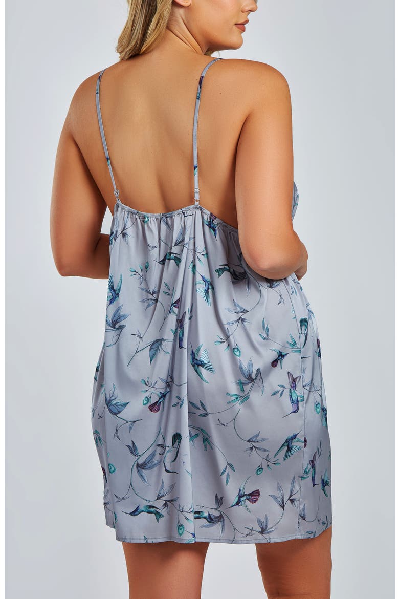 Hummingbird Print Satin Chemise with Laced Trimmed Plunge Neckline, Alternate, color, GRAY