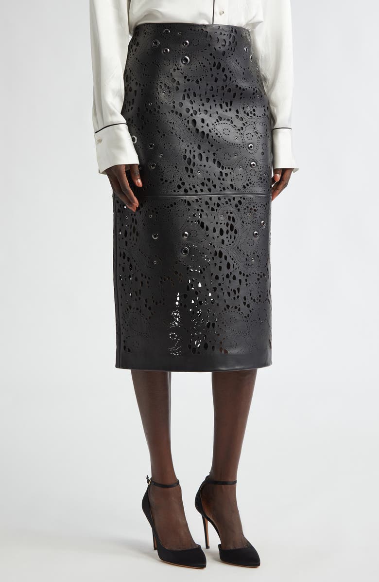 ST. JOHN Grommet Embellished Laser Cut Leather Pencil Skirt, Main, color, 