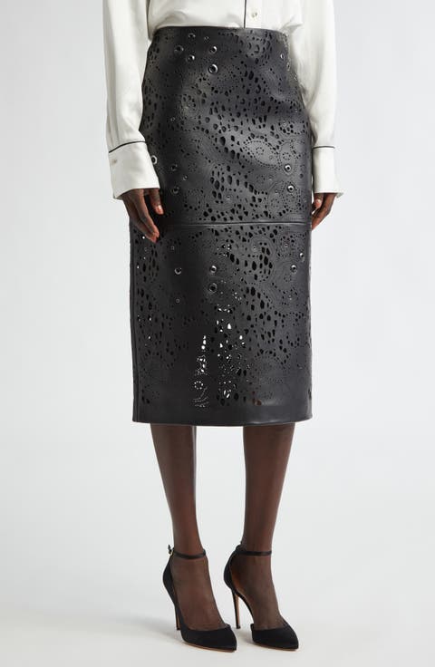 Grommet Embellished Laser Cut Leather Pencil Skirt