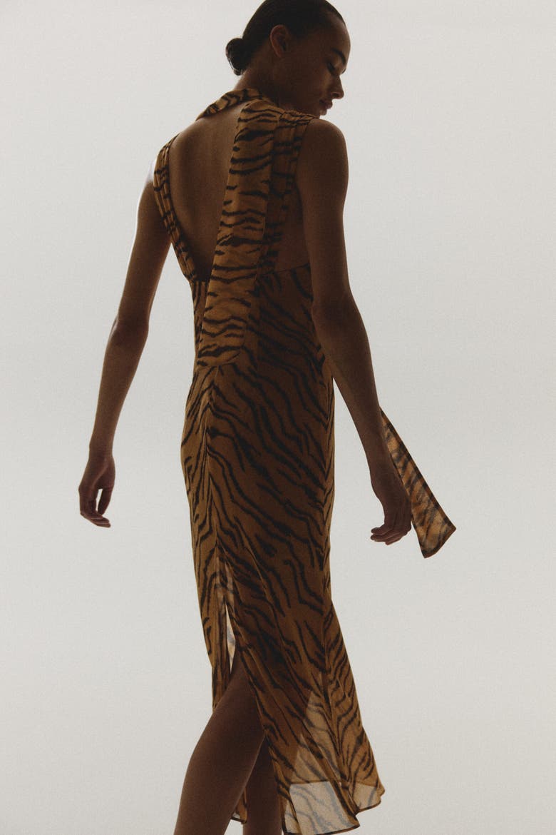 Scarf-collar Midi Dress, Alternate, color, Beige/tiger stripes
