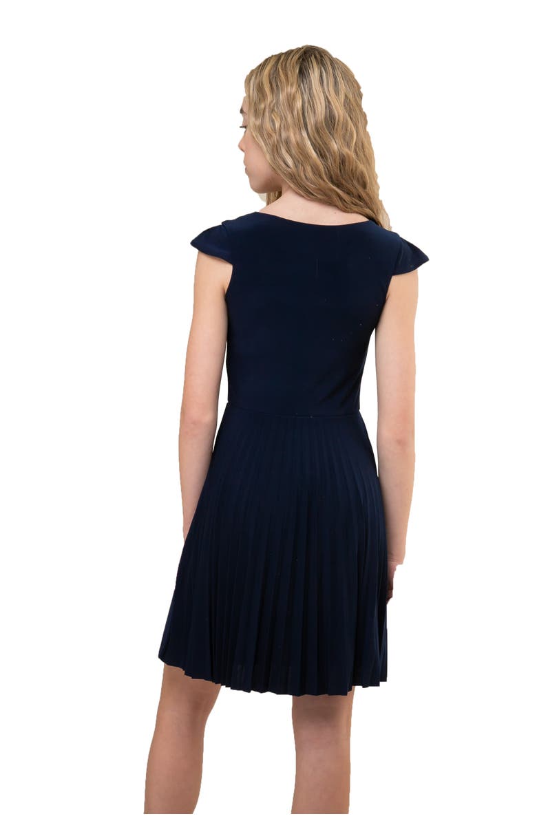 Un Deux Trois Cap Sleeve Pleated Dress, Alternate, color, Navy