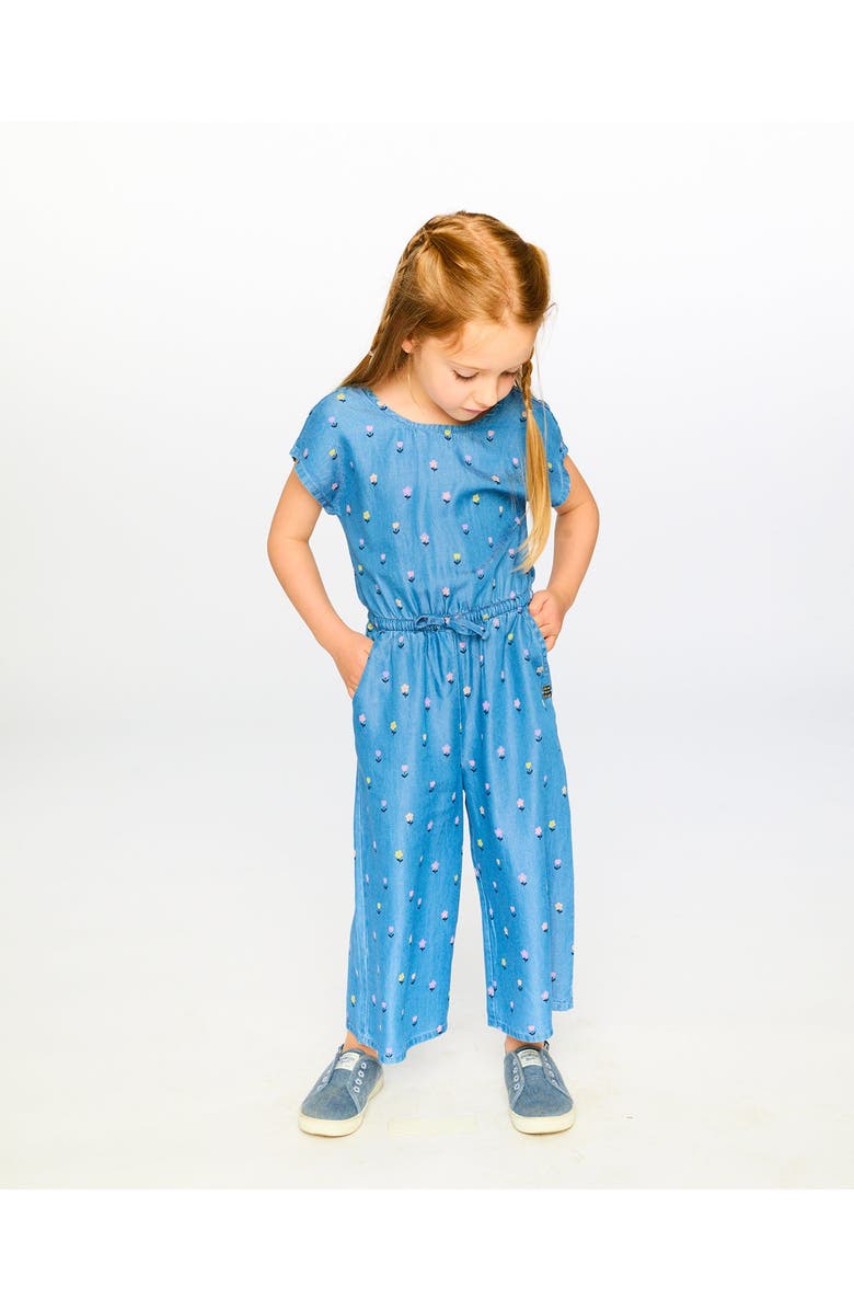 Deux par Deux Short Sleeve Chambray Flower Jumpsuit, Alternate, color, Blue Floral Print