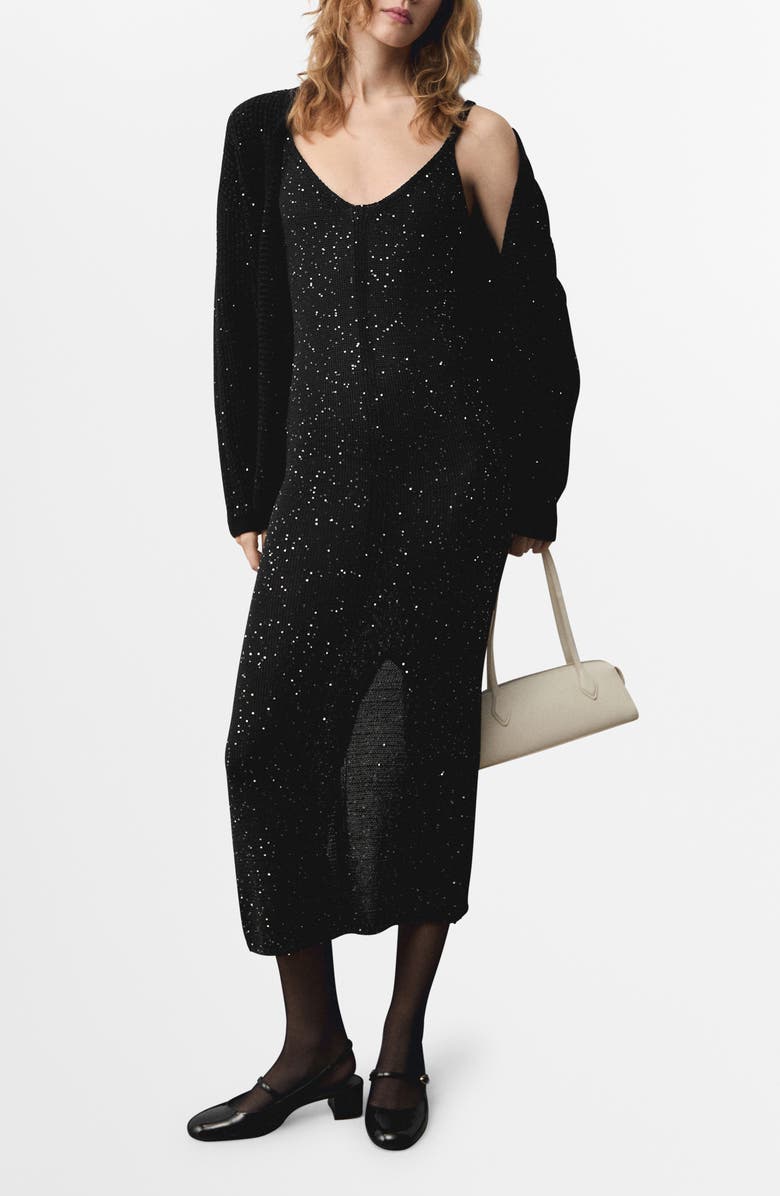 MANGO Sequin Detail Knit Midi Dress, Main, color, Black