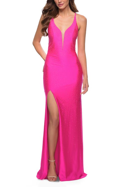 La Femme Neon Prom Gown With Rhinestone Fabric And Deep V In Neon Pink