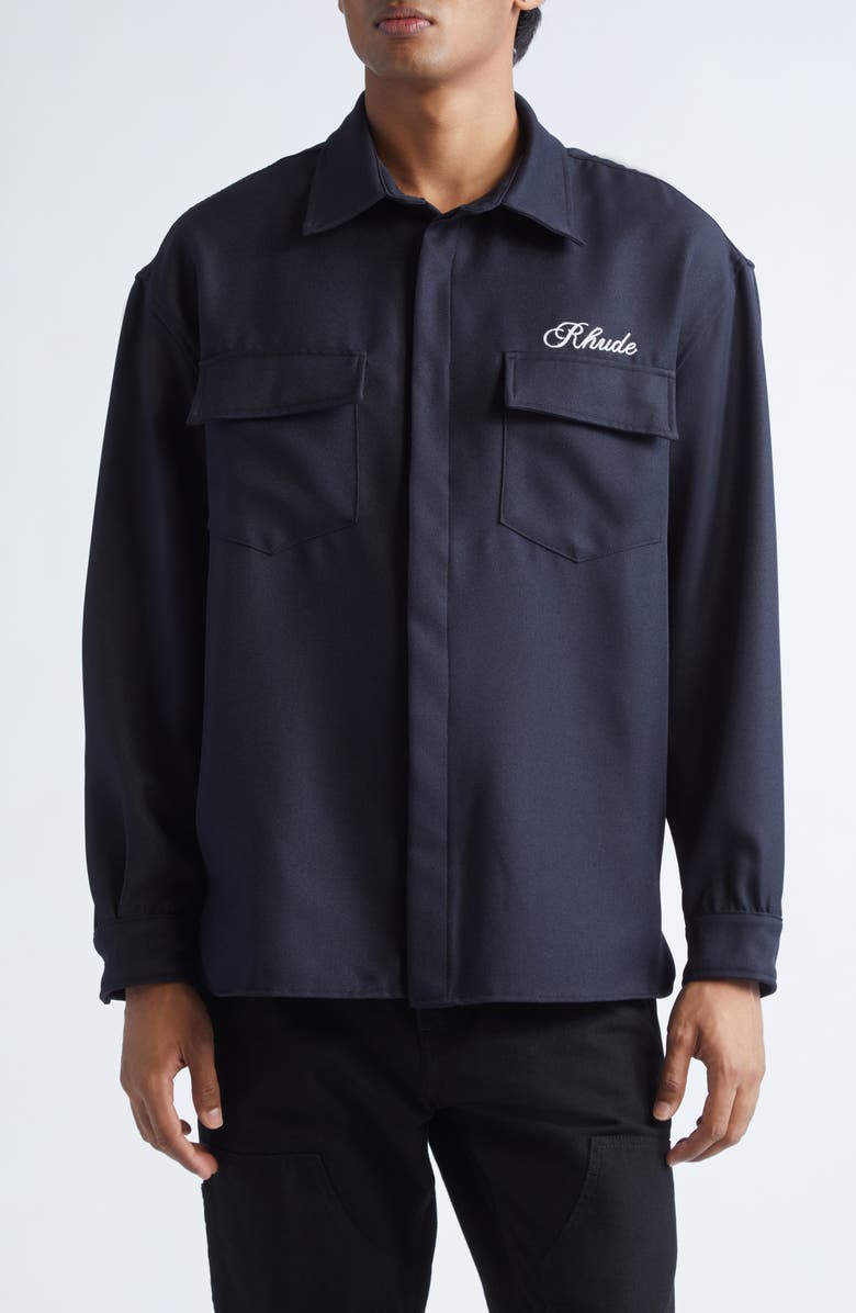 Rhude Boxy Long Sleeve Button-Up Work Shirt, Main, color, Black 0015