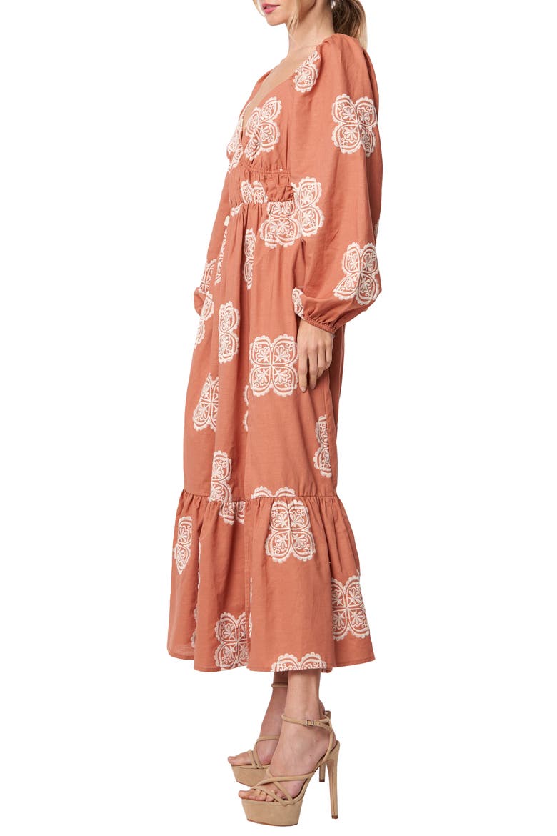 Serbita Medallion Embroidery Long Sleeve Cotton & Linen Midi Dress, Alternate, color, JASPER