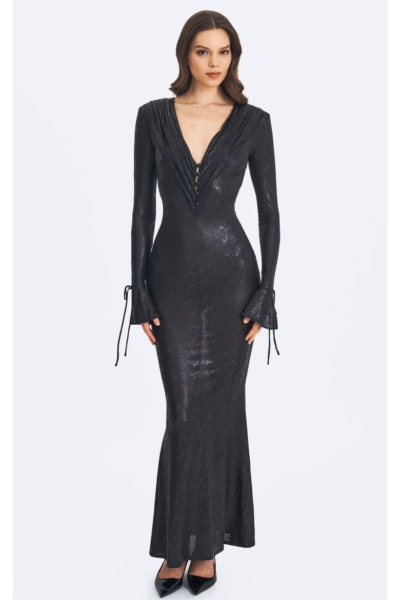 Ilysia V-Neck Plunge Snakeskin Mermaid Hem Maxi Dress, Main, color, Black