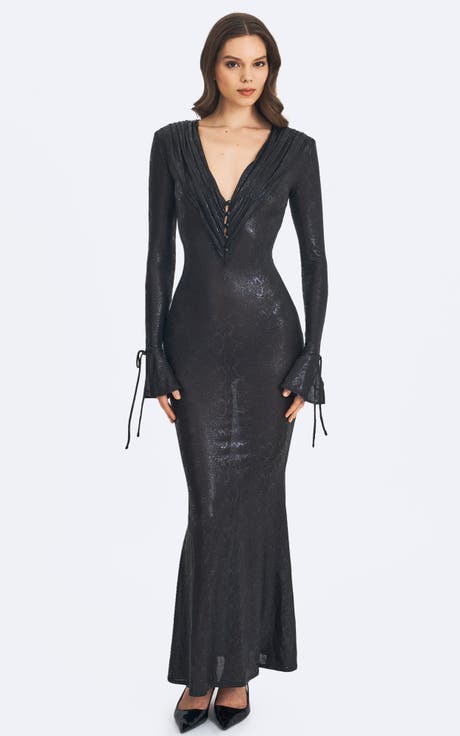 Ilysia V-Neck Plunge Snakeskin Mermaid Hem Maxi Dress