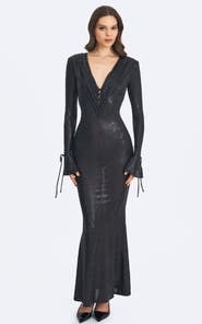 Miss Circle Ilysia V-Neck Plunge Snakeskin Mermaid Hem Maxi Dress