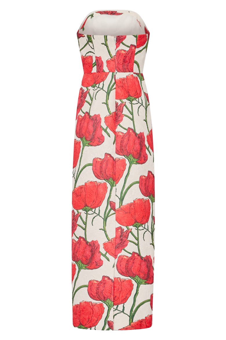 Orion Red Peony Jacquard Strapless Dress, Alternate, color, RED MULTI