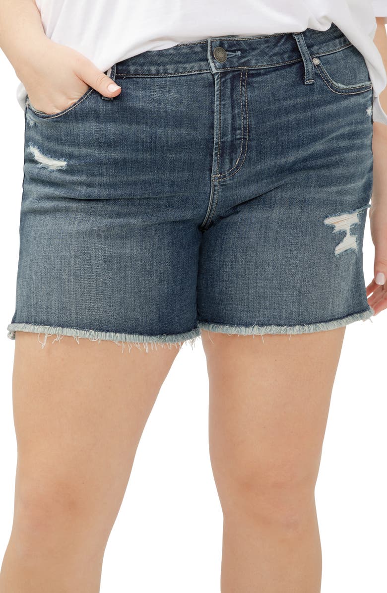 Silver Jeans Co. Suki Curvy Frayed Mid Rise Denim Shorts, Alternate, color, Indigo