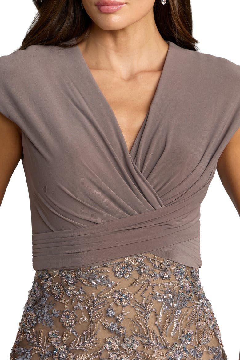 Jersey Wrap Top Floral Sequin Gown, Alternate, color, Taupe Multi