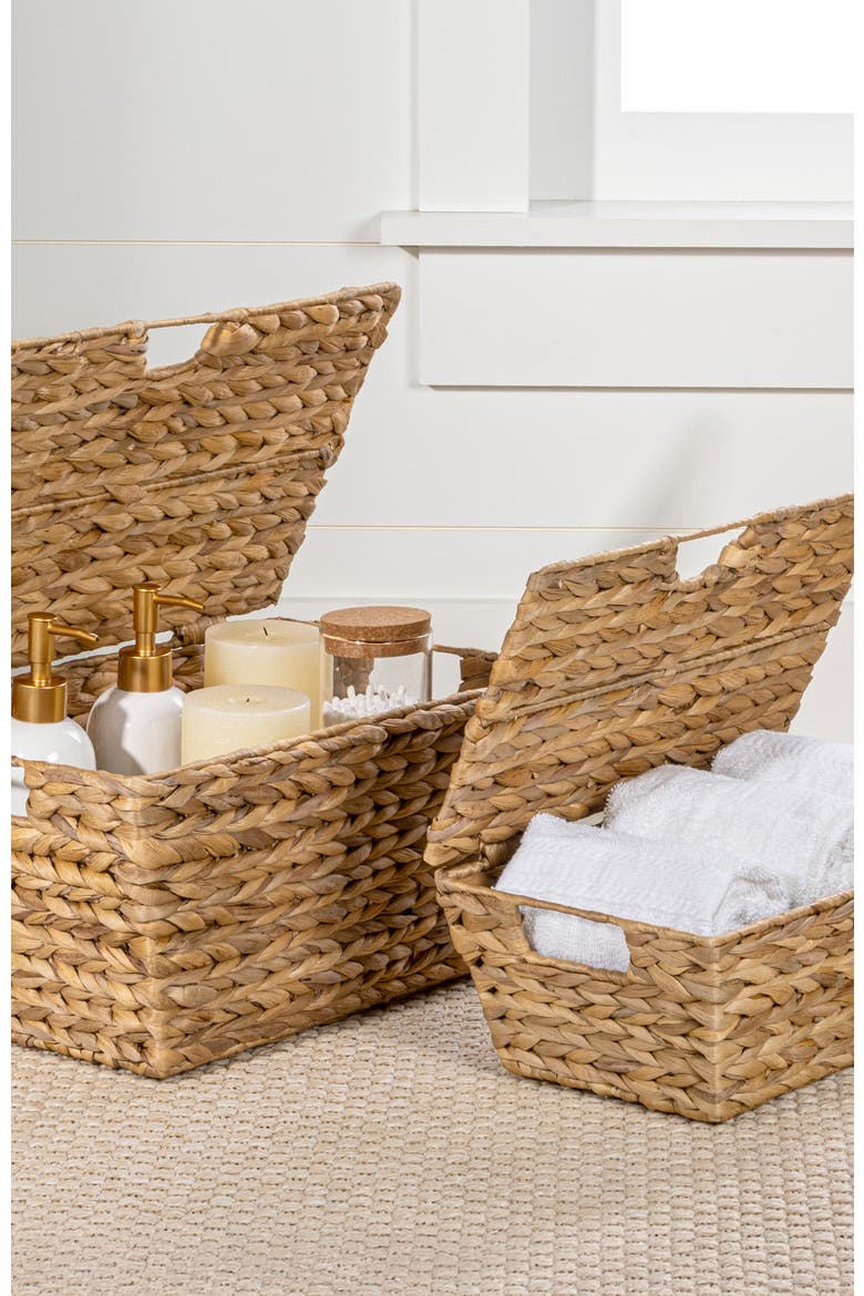 Wilder Classic Farmhouse Woven Hyacinth Rectangular Storage Baskets with Lids and Handles, Alternate, color, Natural