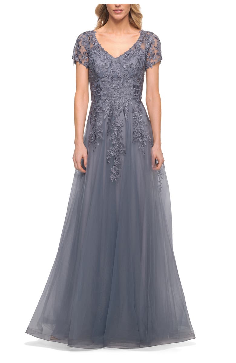 La Femme Lace and Tulle A-line Evening Gown with Cap Sleeve, Main, color, Slate