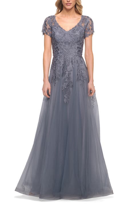 Lace and Tulle A-line Evening Gown with Cap Sleeve