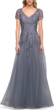 La Femme Lace and Tulle A-line Evening Gown with Cap Sleeve