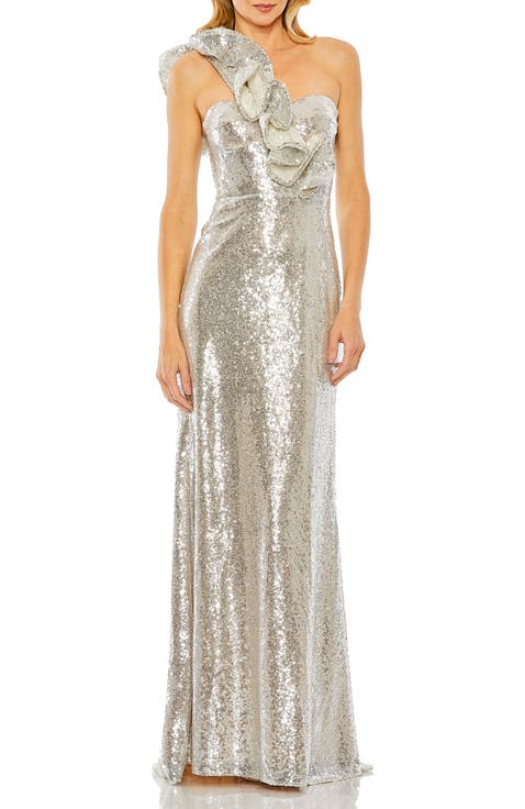 Sequin Ruffled One Shoulder Gown