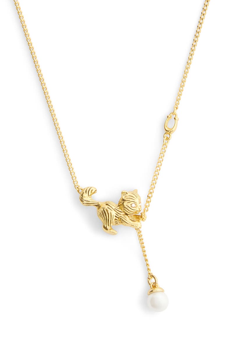 COACH Faux Pearl Cat Charm Pendant Necklace, Alternate, color,