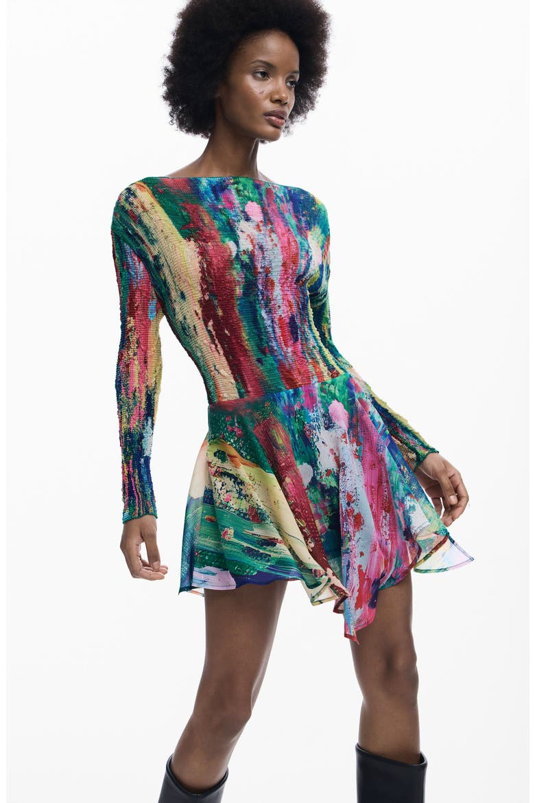 Smocked Long Sleeve Handkerchief Hem Dress, Alternate, color, GREEN MULTI