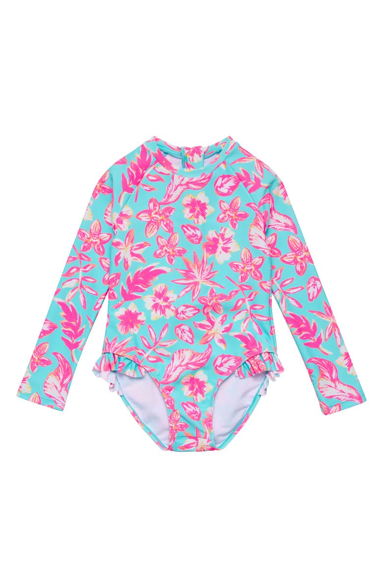 Snapper Rock Kids' Tropical Glow Ruffle Long Sleeve UPF 50+ One-Piece Rashguard Swimsuit, Main, color, 