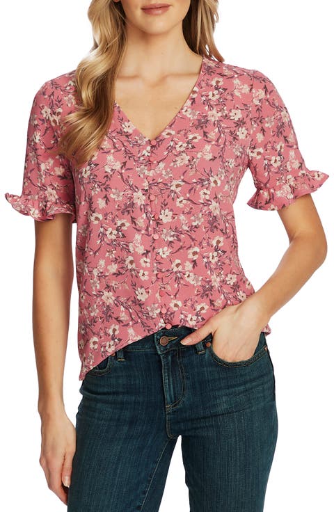 Botanical Charm Print Ruffle Sleeve Top