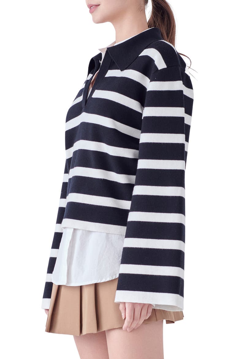 Stripe Crop Polo Sweater, Alternate, color, BLACK/ WHITE