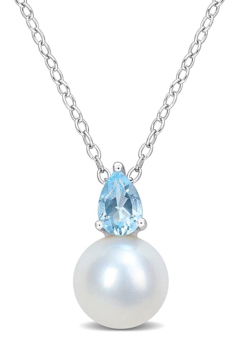 Sky Blue Topaz & Freshwater Pearl Pendant Necklace, Main, color, BLUE