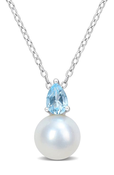 Sky Blue Topaz & Freshwater Pearl Pendant Necklace