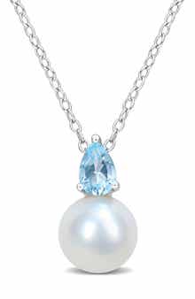 DELMAR Sky Blue Topaz & Freshwater Pearl Pendant Necklace