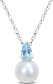 DELMAR Sky Blue Topaz & Freshwater Pearl Pendant Necklace
