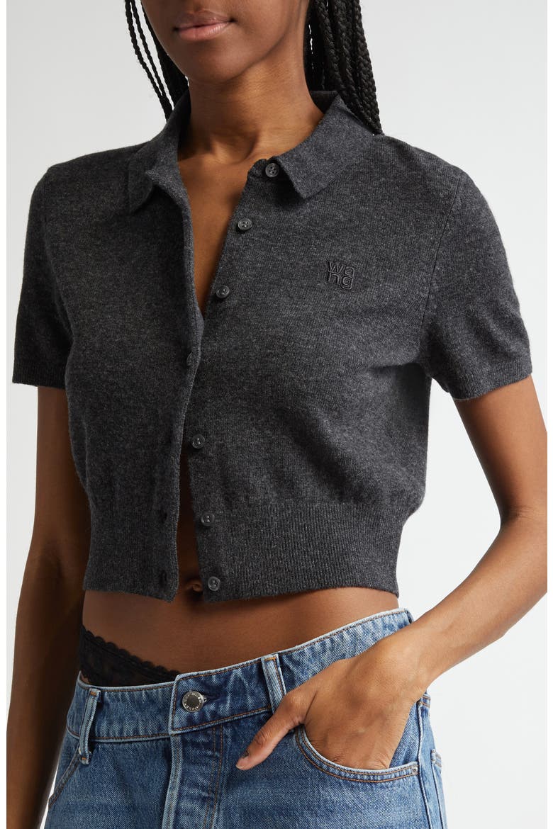 Logo Embroidered Wool Crop Cardigan, Alternate, color, CHARCOAL