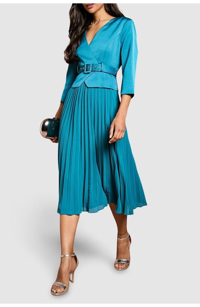 Coast Satin Bodice Pleat Skirt Midi Dress, Alternate, color, Teal